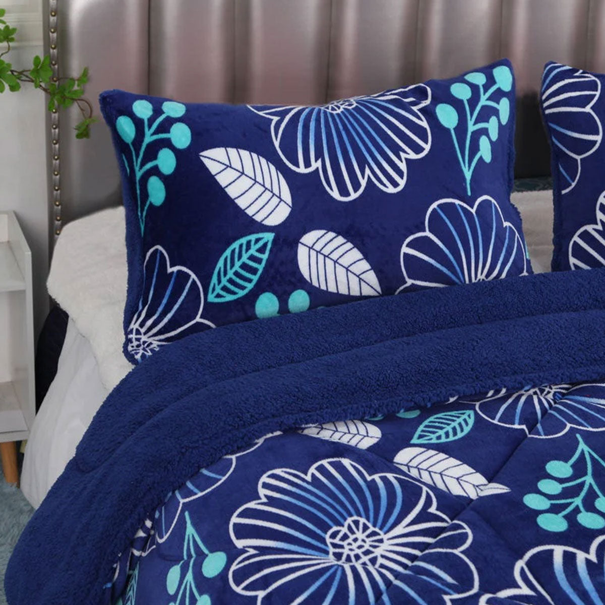 Blue Flower Printed Sherpa Flannel Fleece Reversible Blanket Set Queen/King