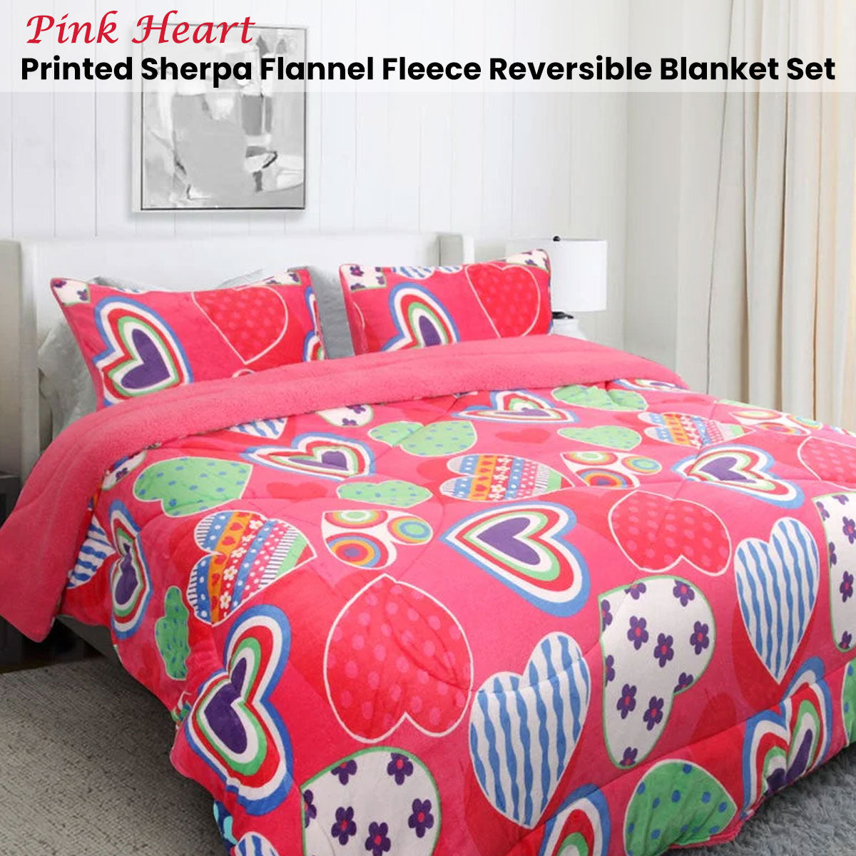 Pink Heart Printed Sherpa Flannel Fleece Reversible Blanket Set Single/Double