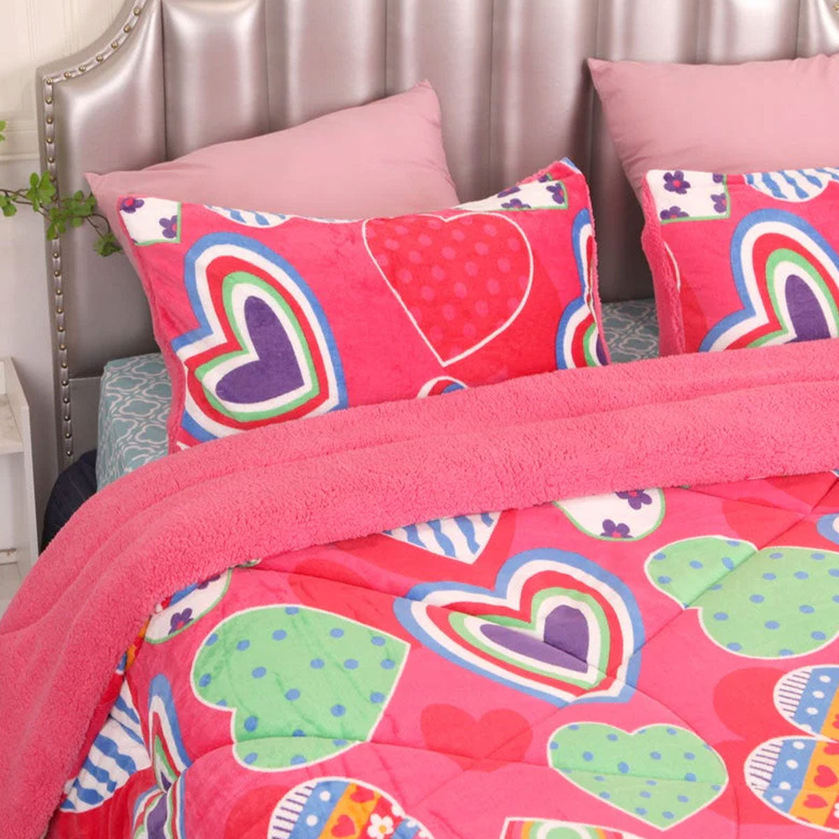 Pink Heart Printed Sherpa Flannel Fleece Reversible Blanket Set Single/Double