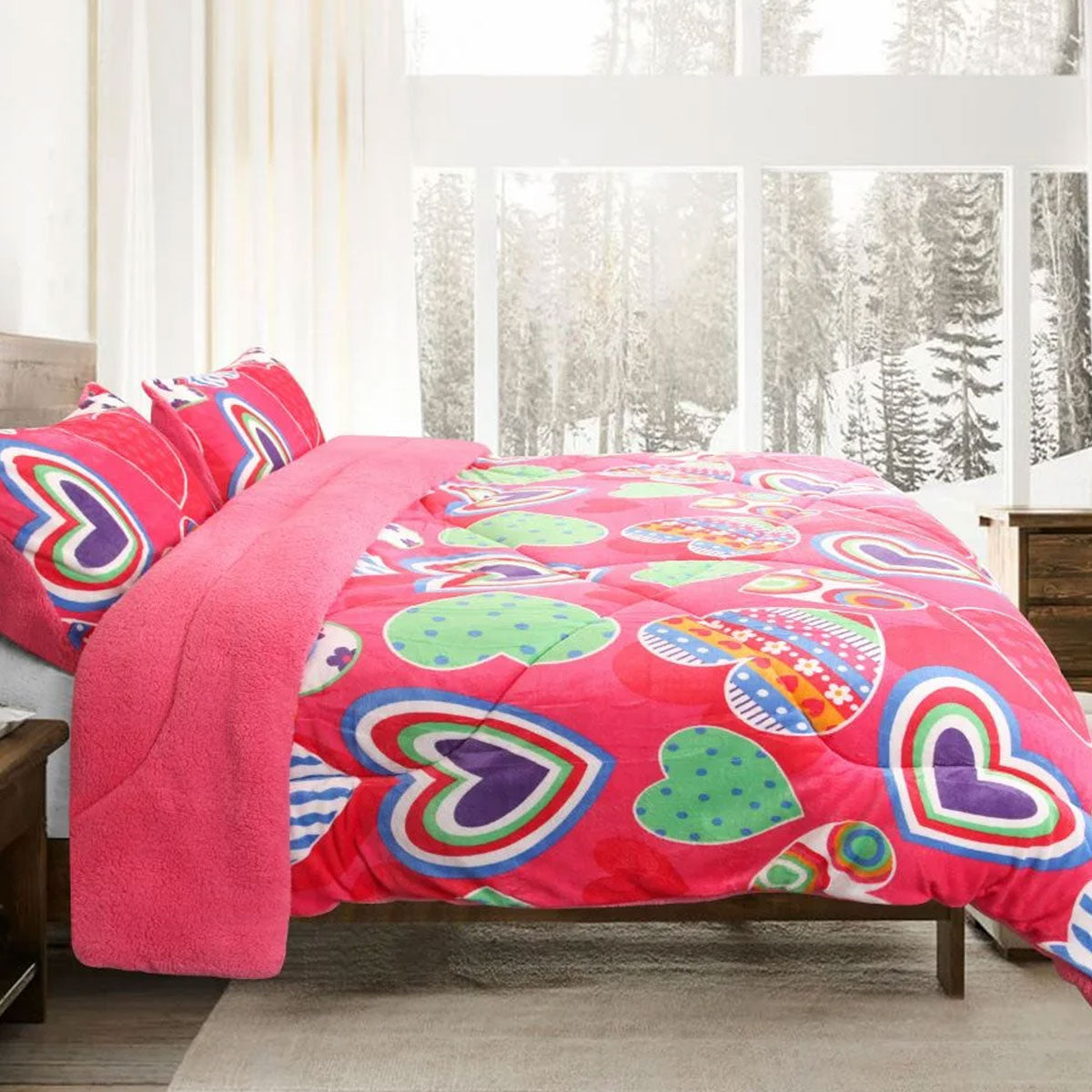 Pink Heart Printed Sherpa Flannel Fleece Reversible Blanket Set Single/Double