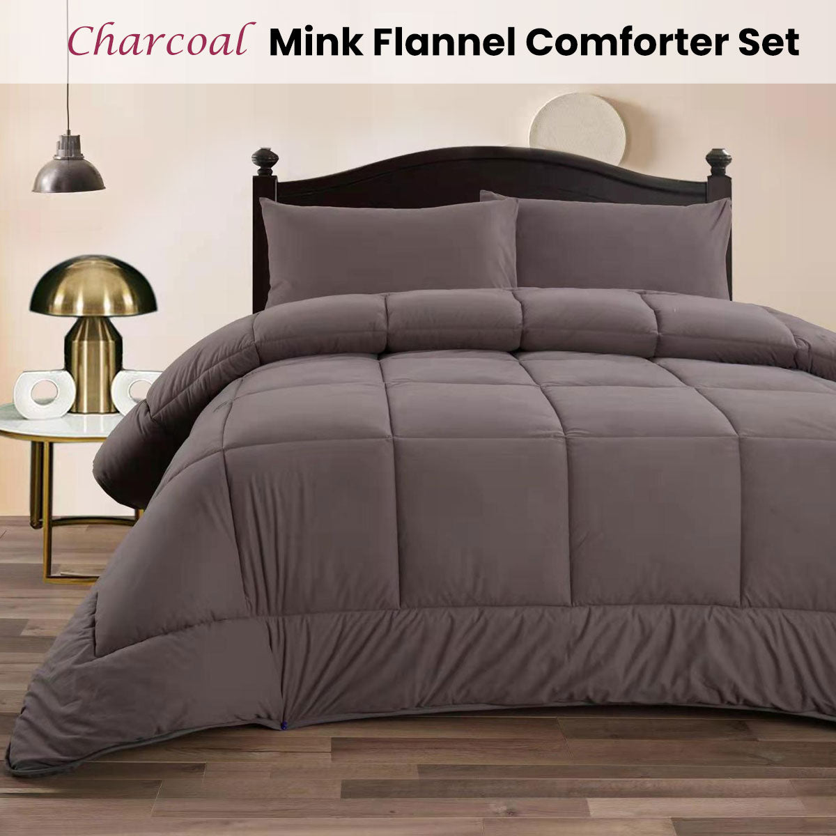 Charcoal 3- Piece Mink Flannel Comforter Set Queen