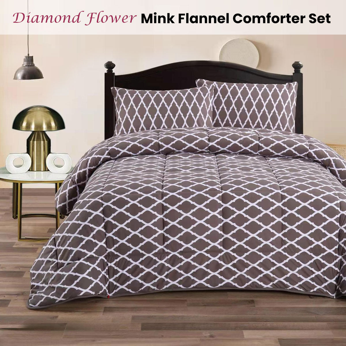 Diamond Flower 3- Piece Mink Flannel Comforter Set Queen