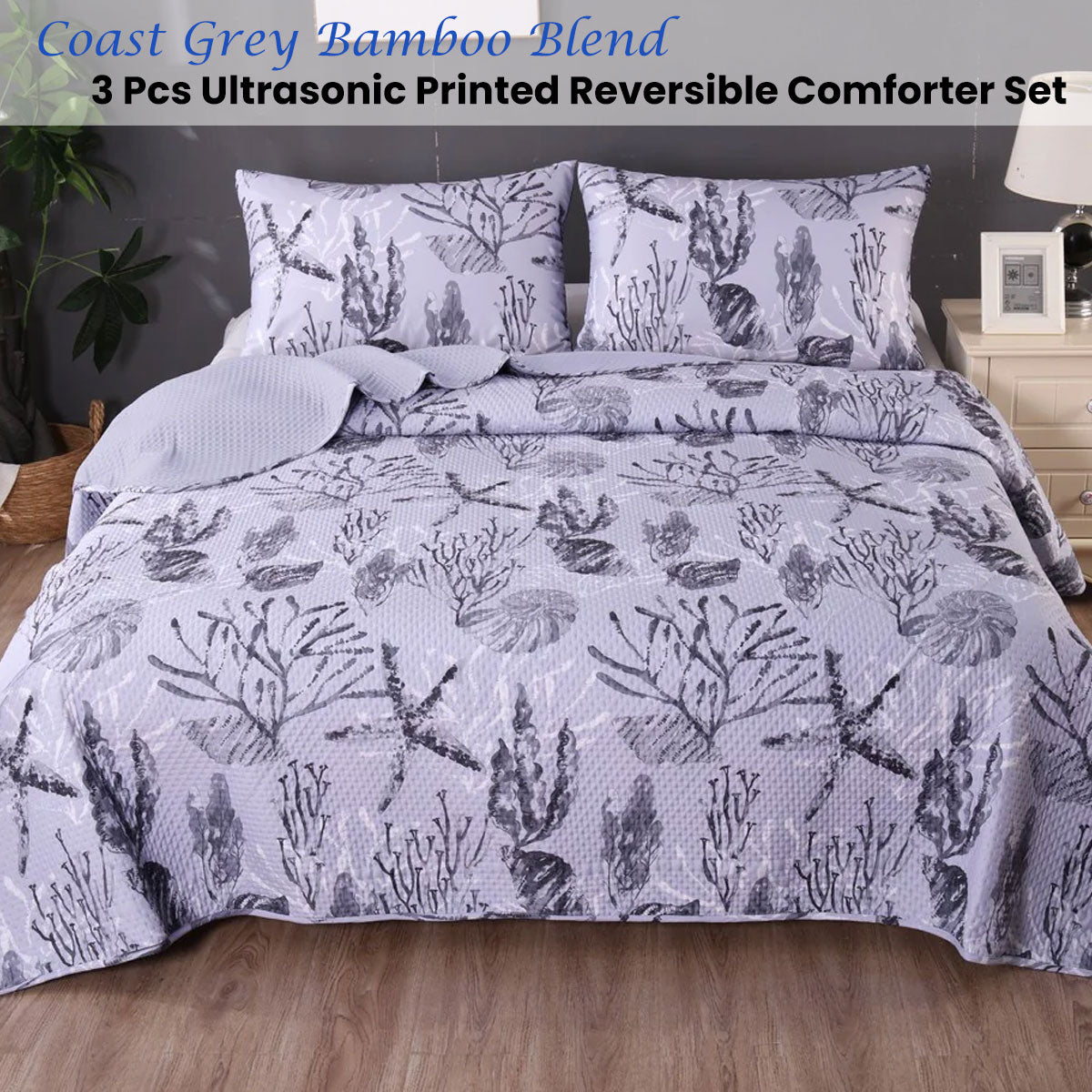 Coast Grey 3 Pcs Bamboo Blend Ultrosonic Reversible Comforter Set Queen