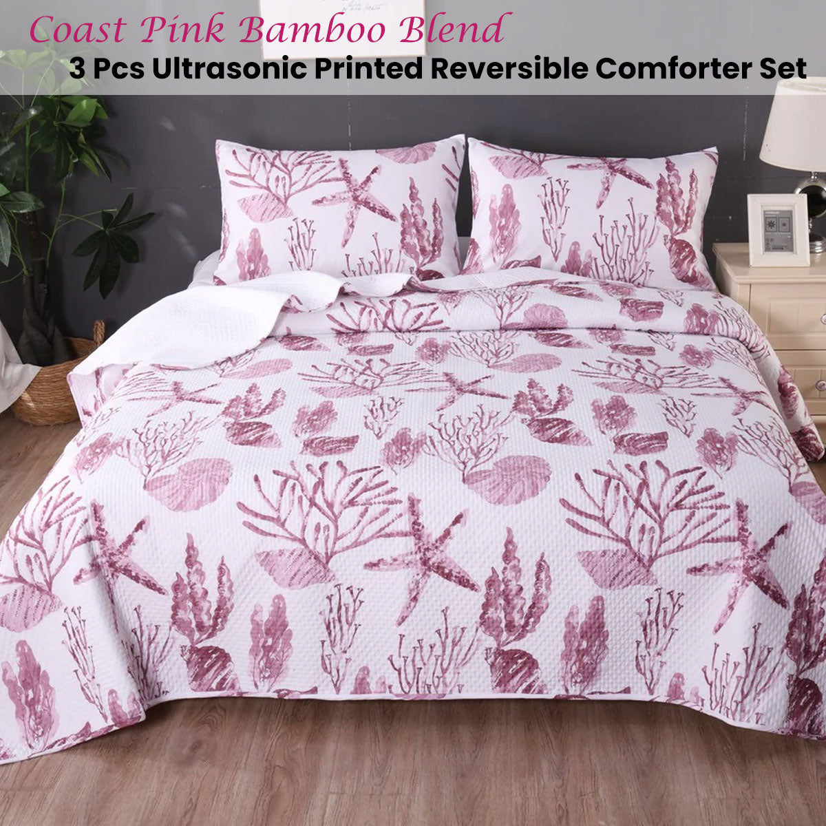 Coast Pink 3 Pcs Bamboo Blend Ultrosonic Reversible Comforter Set Queen