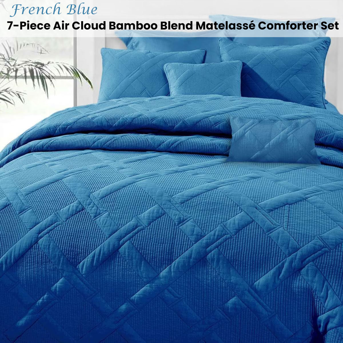 French Blue 7- Piece Air Cloud Bamboo Blend Matelasse Comfort Set Queen