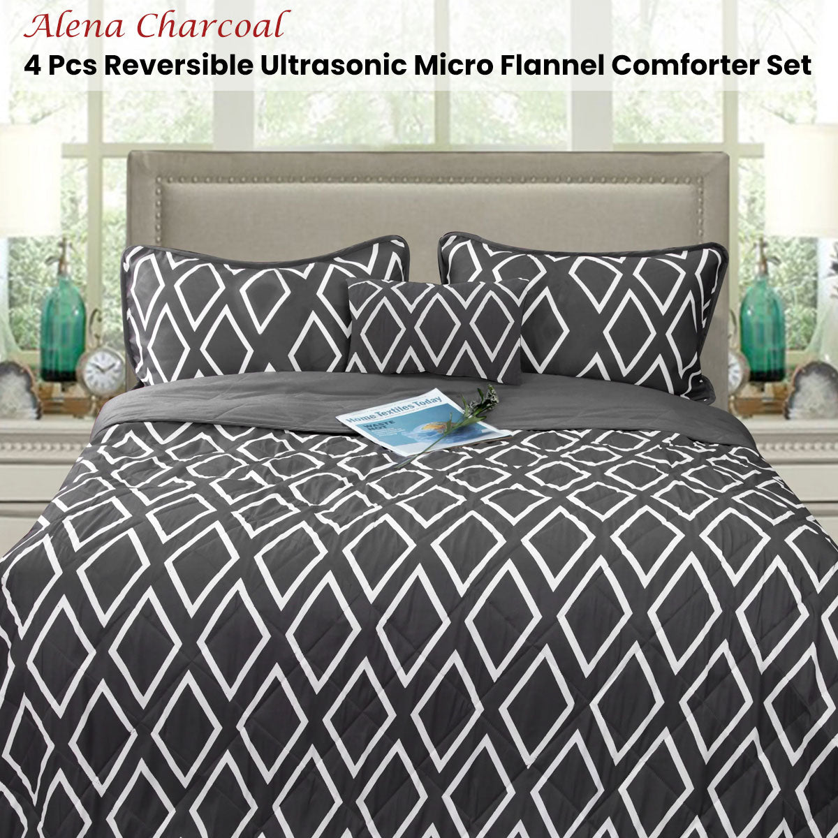 Alena Charcoal 4 Pcs Ultrasonic Comforter Set Queen