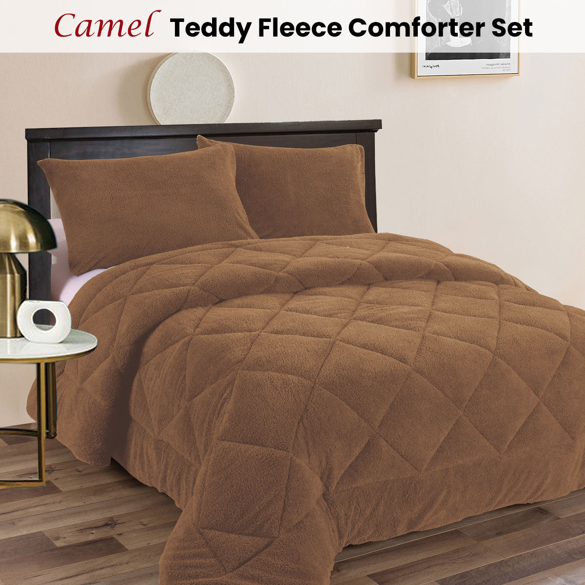 Teddy Fleece 3 Pcs Comforter Set Camel Queen