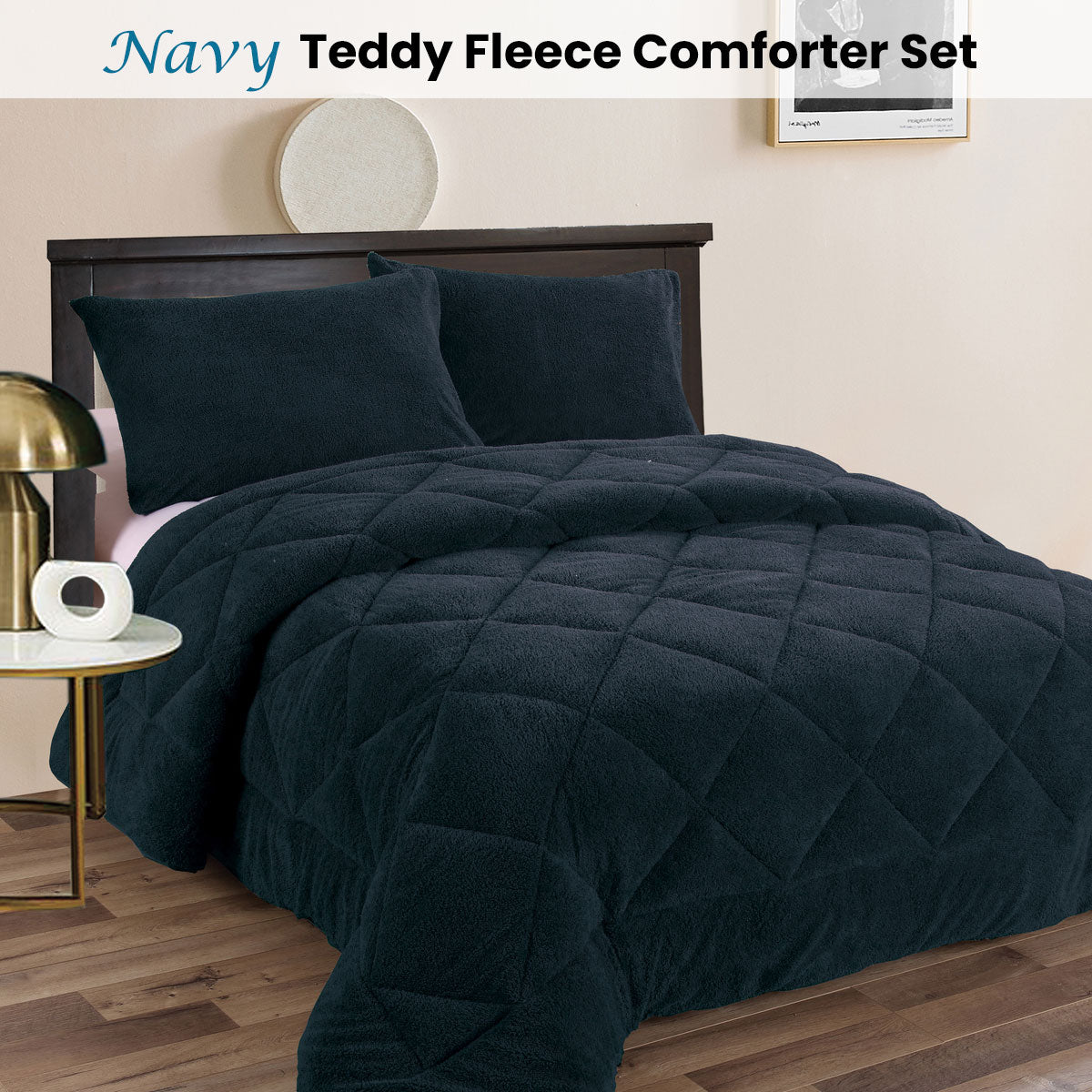 Teddy Fleece 3 Pcs Comforter Set Navy King