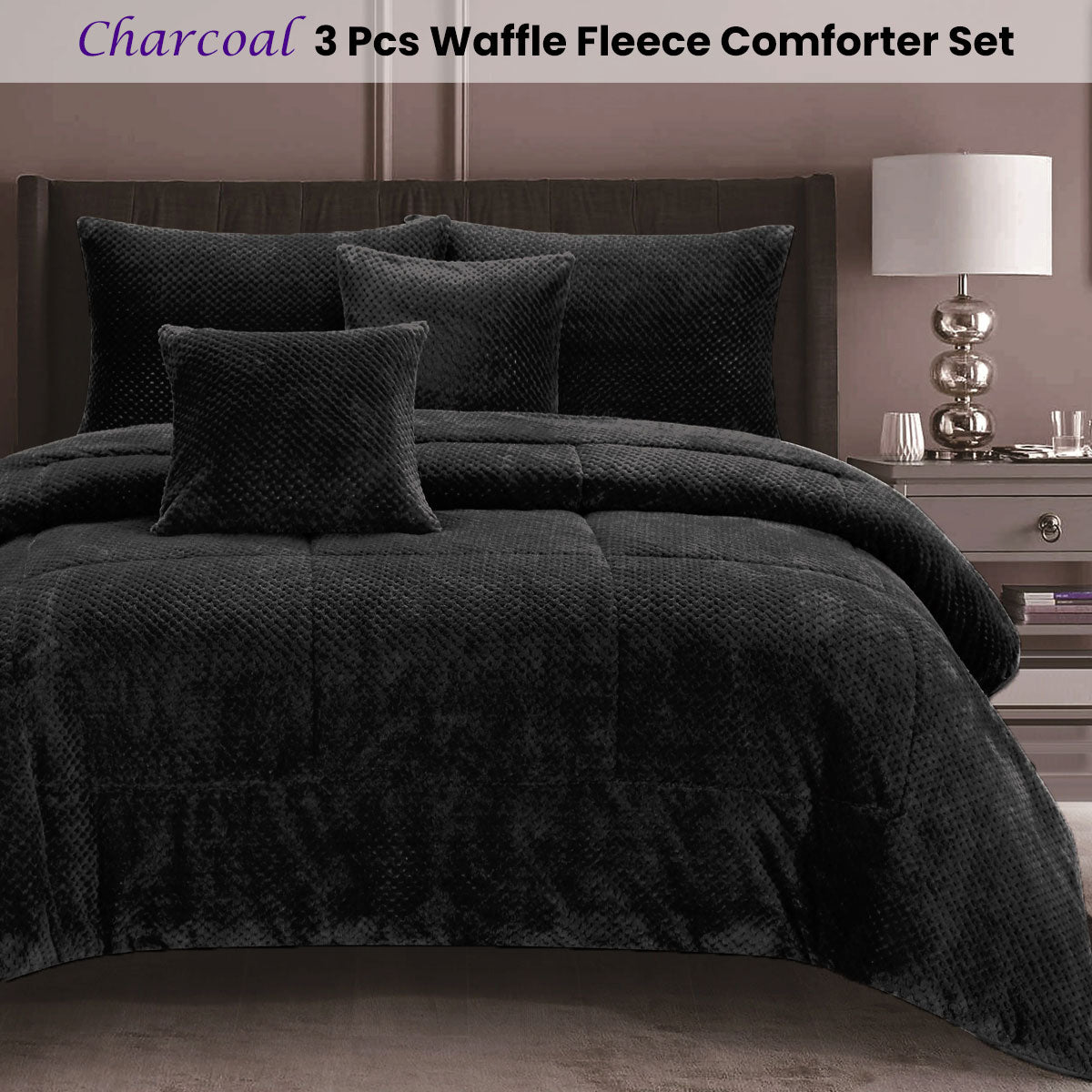 Waffle Fleece Charcoal 3 Pcs Comforter Set Queen