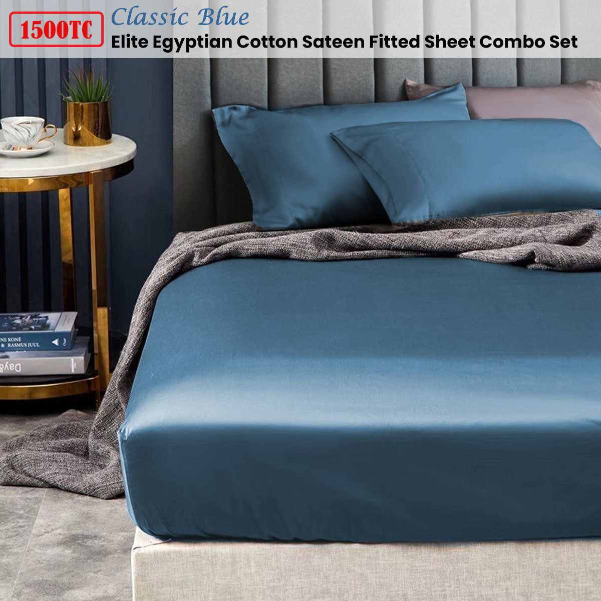 1500TC Elite Egyptian Cotton Sateen Fitted Sheet Combo Set Classic Blue Single