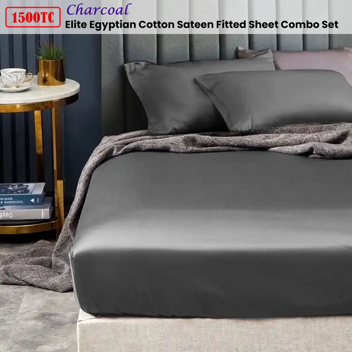 1500TC Elite Egyptian Cotton Sateen Fitted Sheet Combo Set Charcoal Mega King