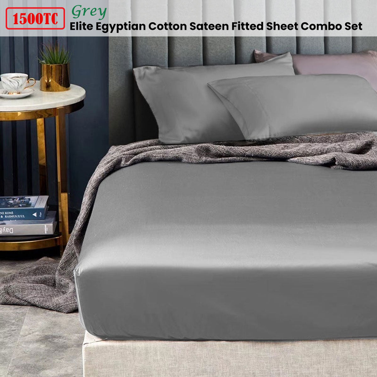 1500TC Elite Egyptian Cotton Sateen Fitted Sheet Combo Set Grey Queen