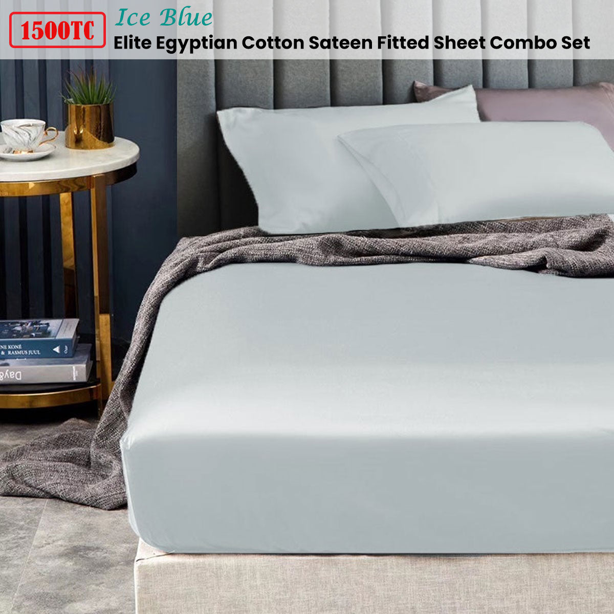 1500TC Elite Egyptian Cotton Sateen Fitted Sheet Combo Set Ice Blue Single