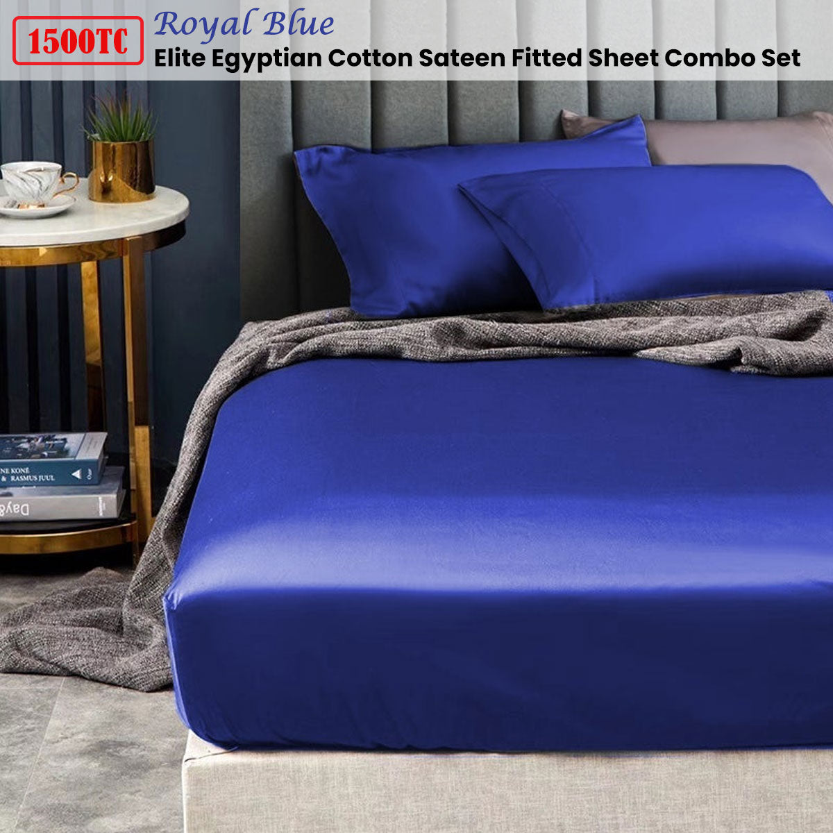 1500TC Elite Egyptian Cotton Sateen Fitted Sheet Combo Set Royal Blue Single