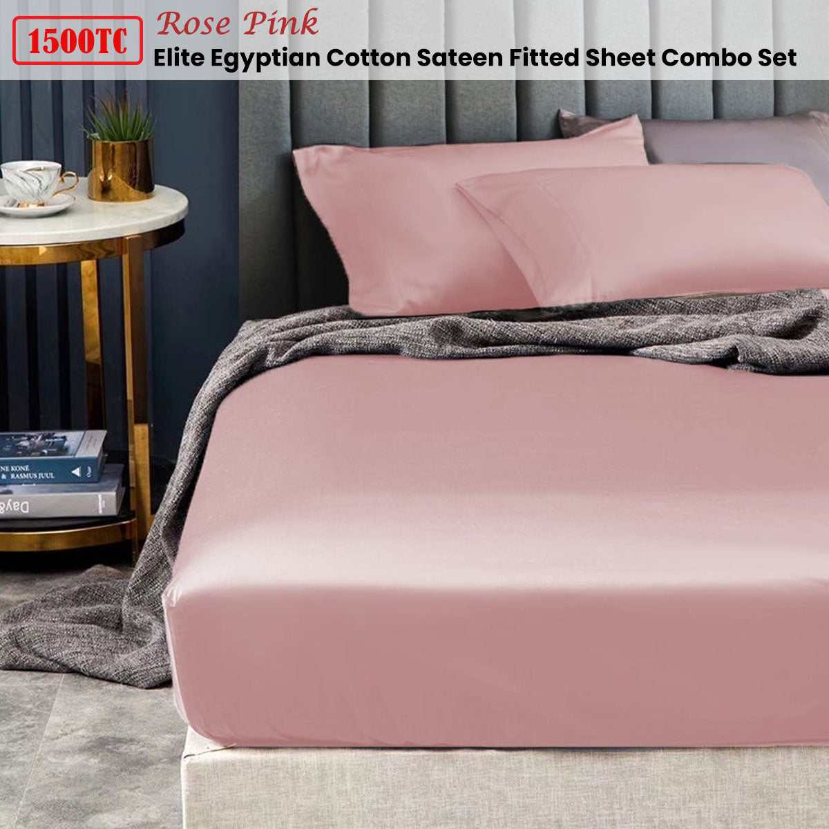 1500TC Elite Egyptian Cotton Sateen Fitted Sheet Combo Set Rose Pink King Single