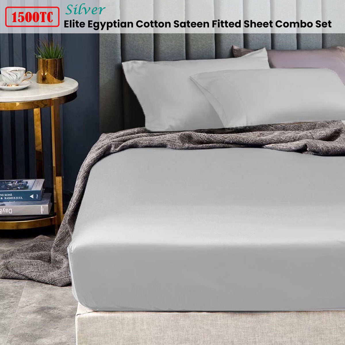 1500TC Elite Egyptian Cotton Sateen Fitted Sheet Combo Set Silver Double