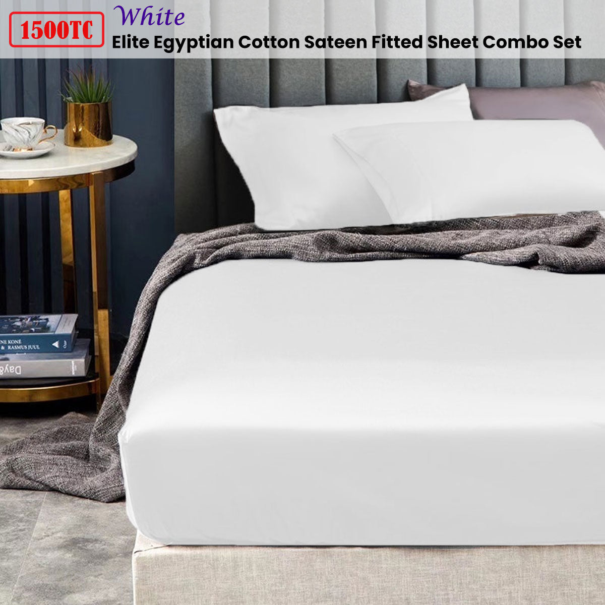 1500TC Elite Egyptian Cotton Sateen Fitted Sheet Combo Set White Mega King