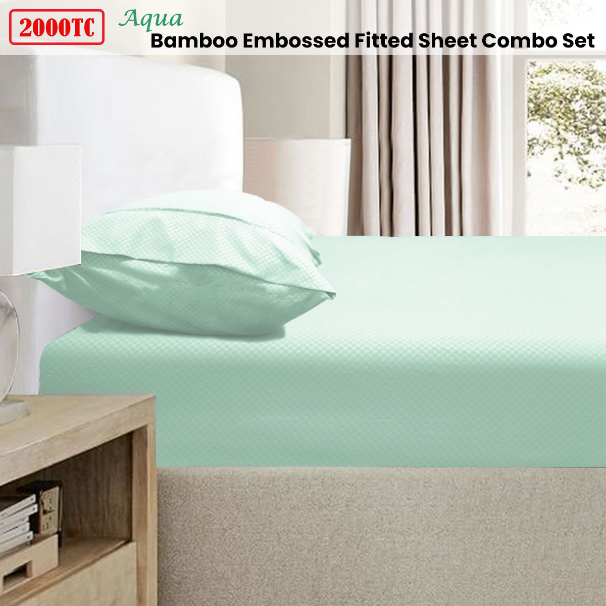 2000TC Bamboo Embossed Fitted Sheet Combo Set Aqua Single