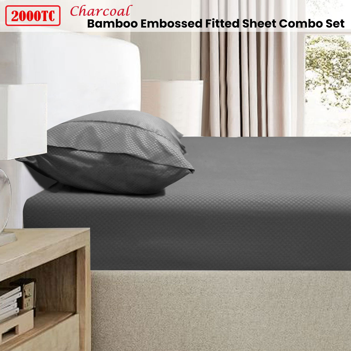 2000TC Bamboo Embossed Fitted Sheet Combo Set Charcoal Double