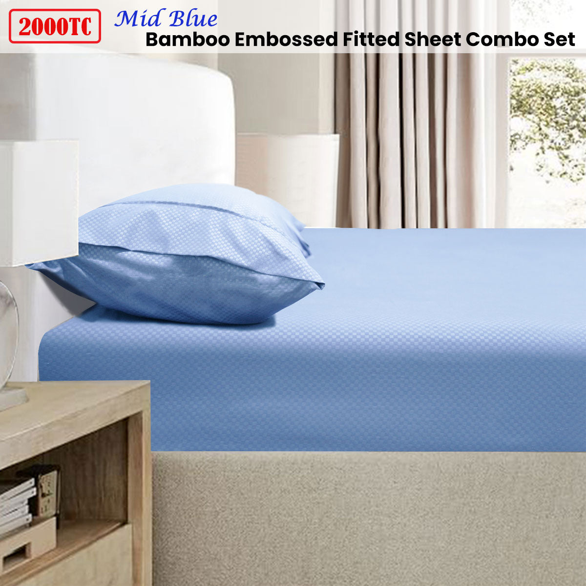 2000TC Bamboo Embossed Fitted Sheet Combo Set Mid Blue King