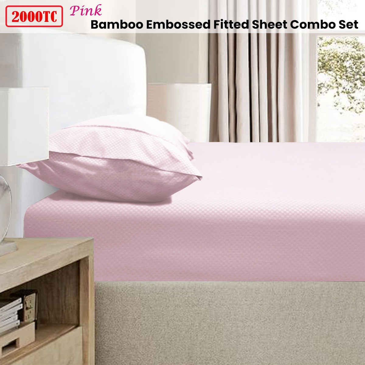 2000TC Bamboo Embossed Fitted Sheet Combo Set Pink King