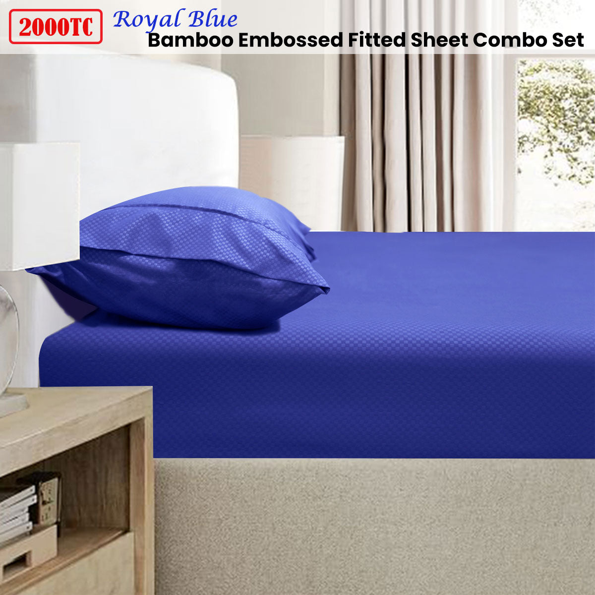 2000TC Bamboo Embossed Fitted Sheet Combo Set Royal Blue Single