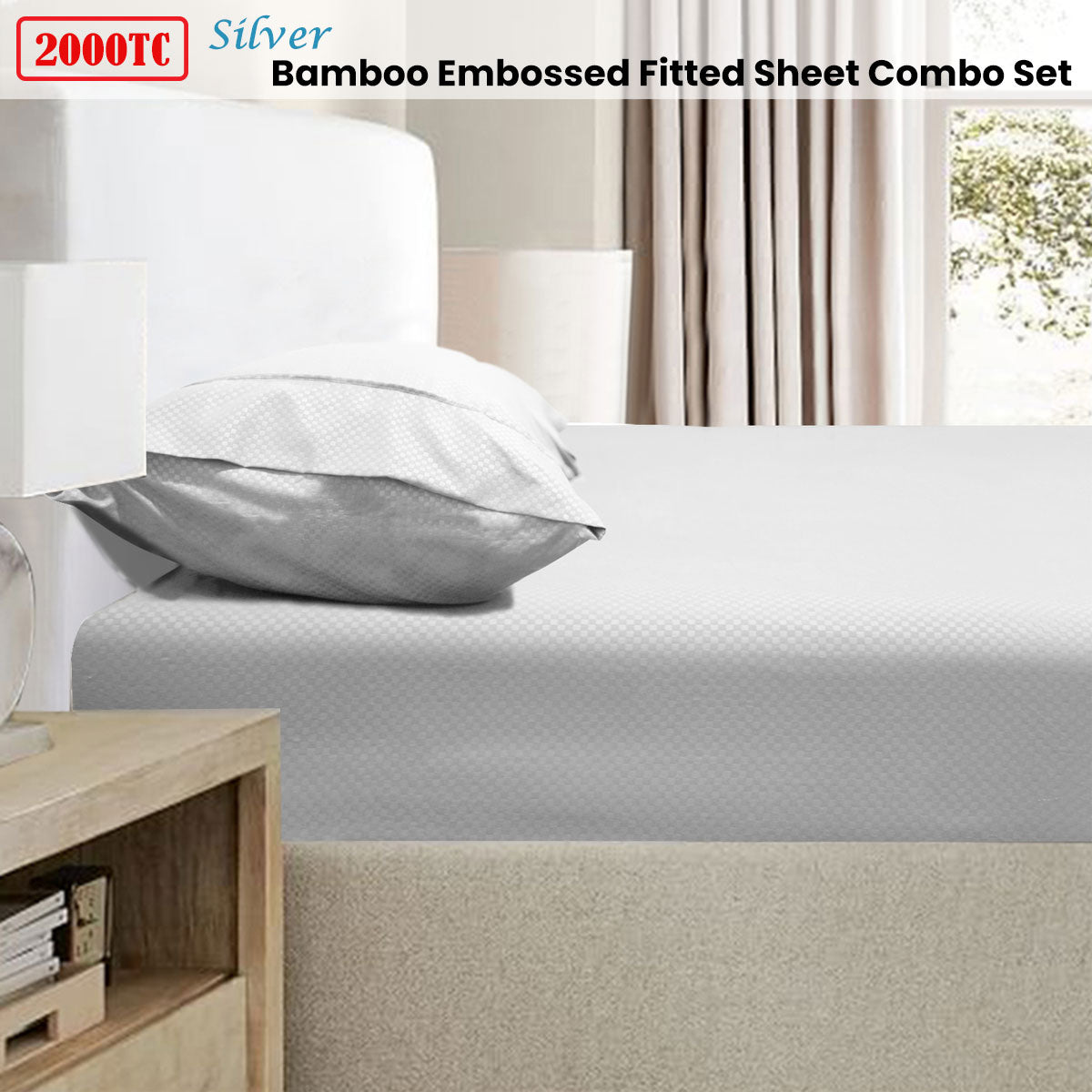 2000TC Bamboo Embossed Fitted Sheet Combo Set Silver King