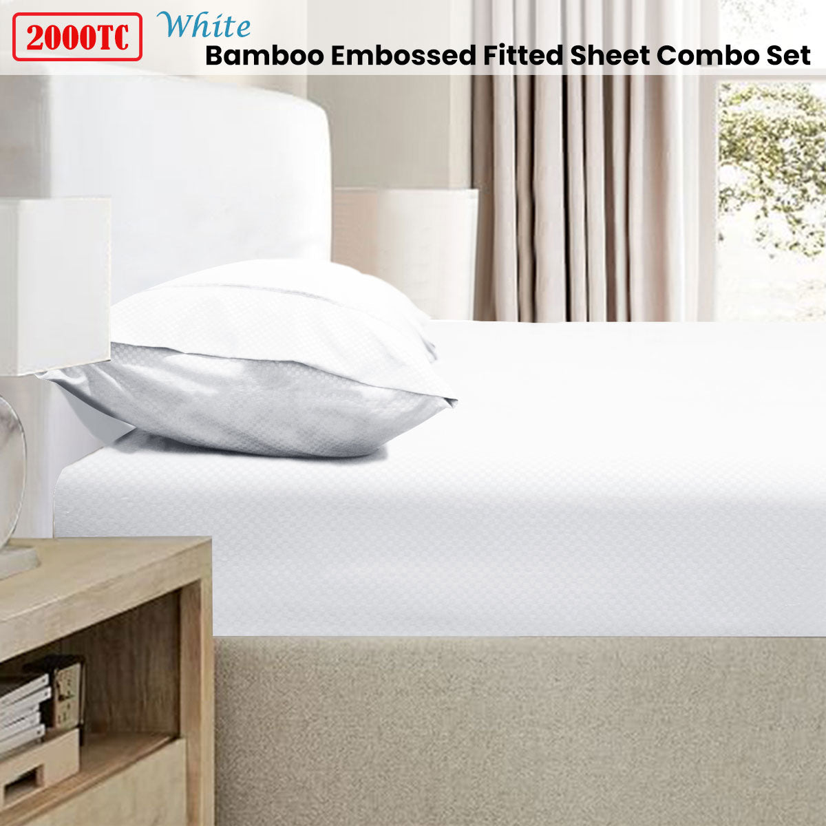 2000TC Bamboo Embossed Fitted Sheet Combo Set White King
