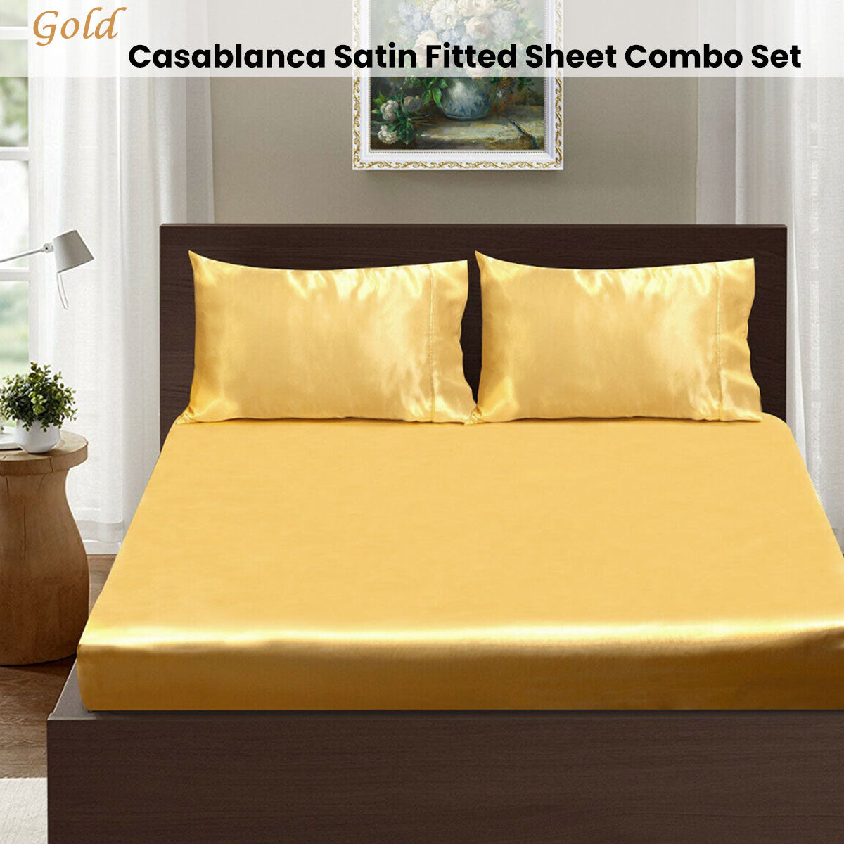 Casablanca Satin Fitted Sheet Combo Set Gold Queen