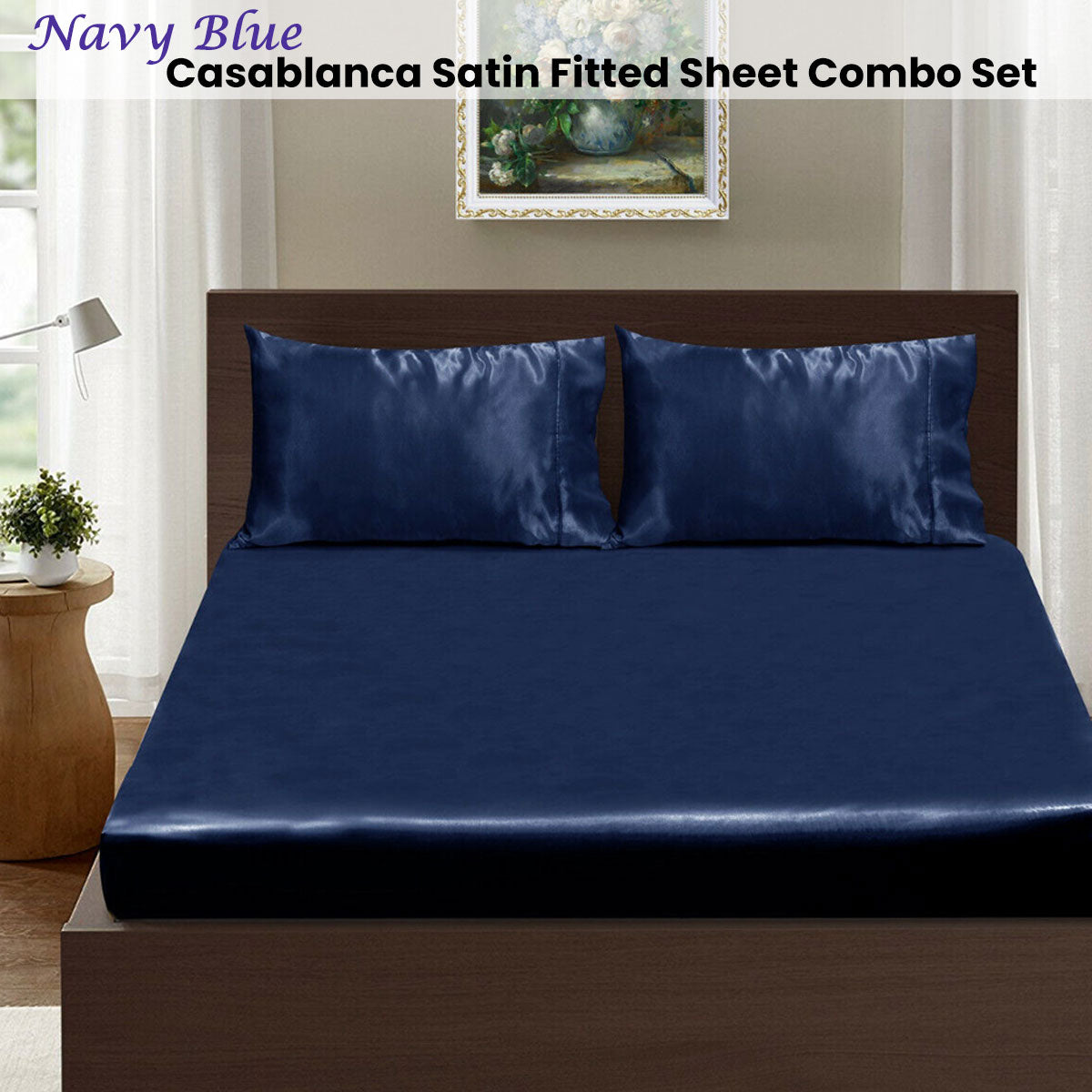 Casablanca Satin Fitted Sheet Combo Set Navy Blue King