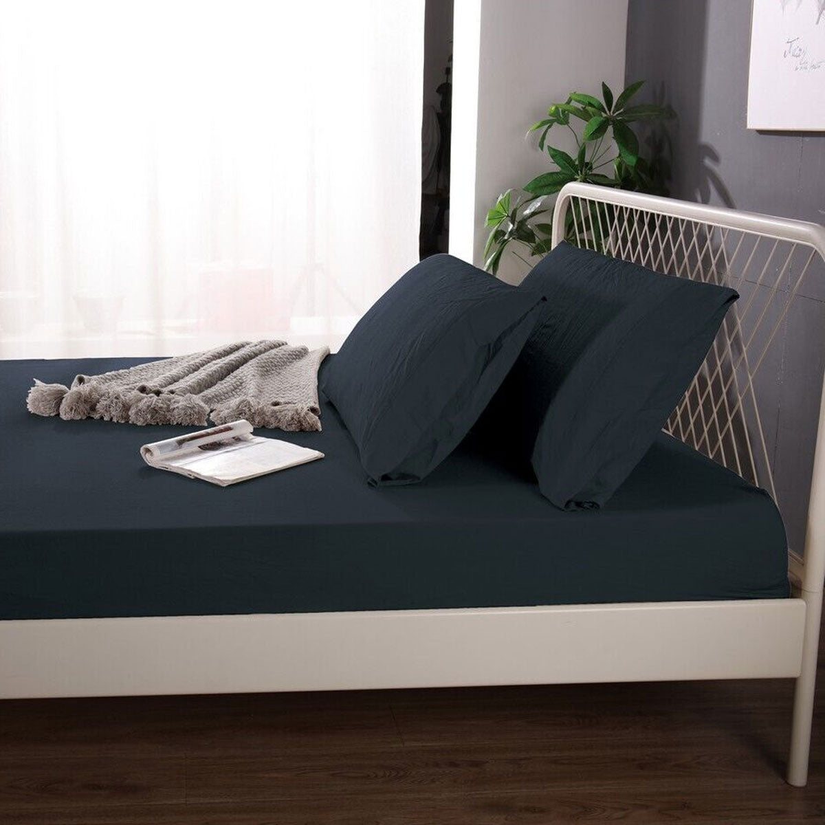 1000TC Linen Bamboo Fitted Sheet Combo Set Charcoal King Single