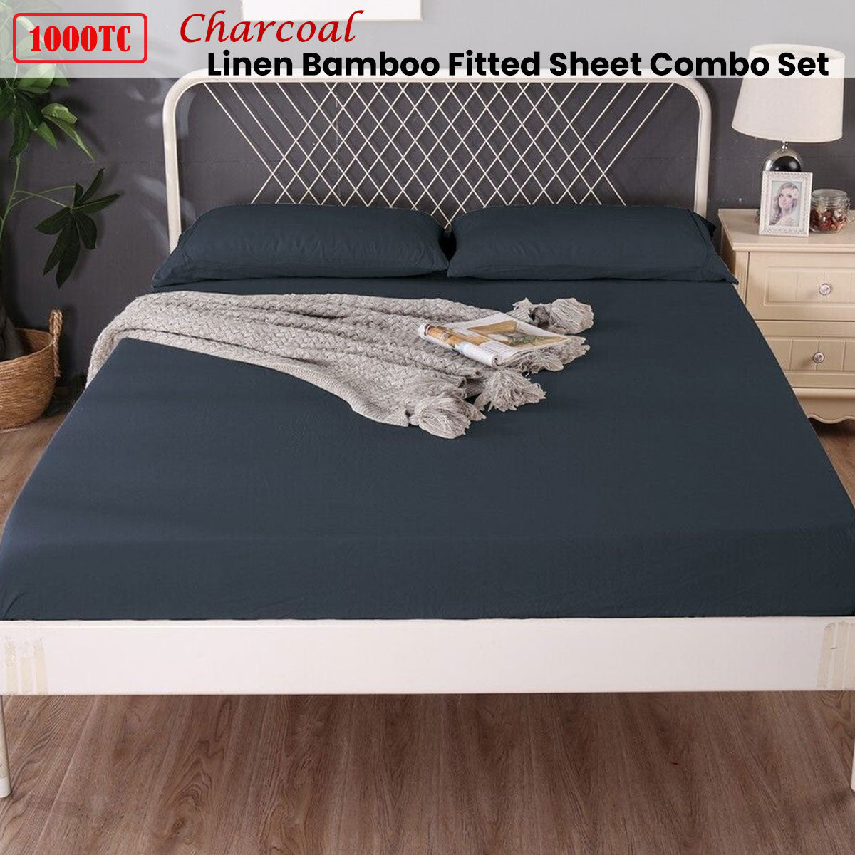1000TC Linen Bamboo Fitted Sheet Combo Set Charcoal Queen
