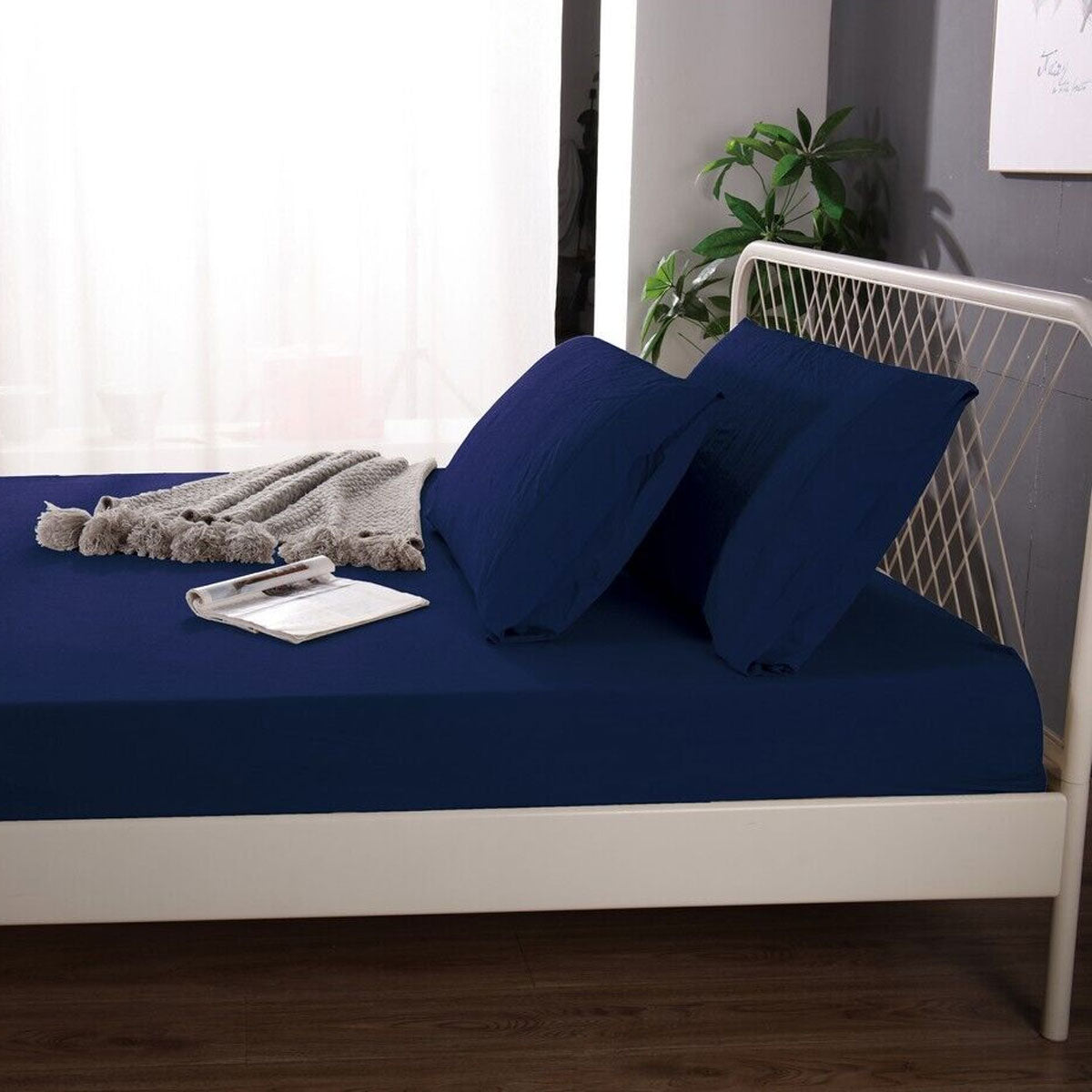 1000TC Linen Bamboo Fitted Sheet Combo Set Deep Blue King