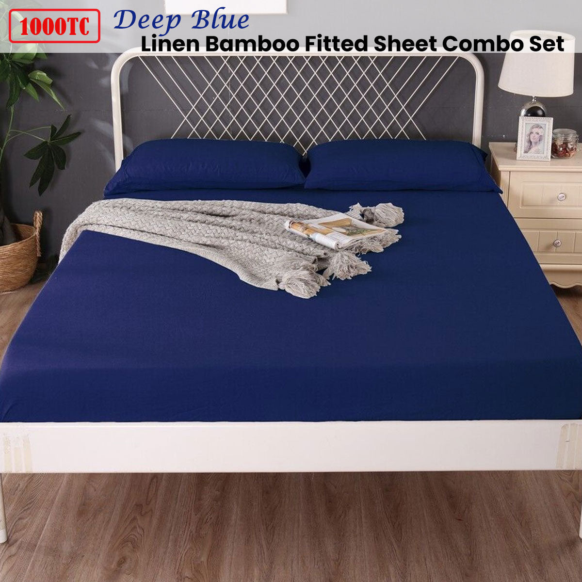 1000TC Linen Bamboo Fitted Sheet Combo Set Deep Blue Single