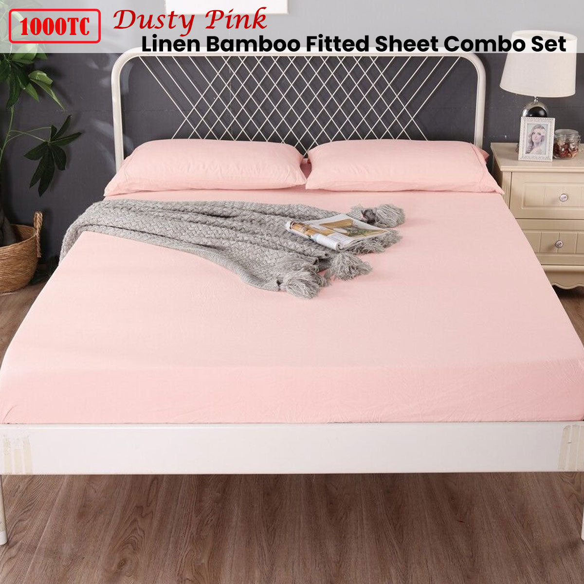1000TC Linen Bamboo Fitted Sheet Combo Set Dusty Pink Double