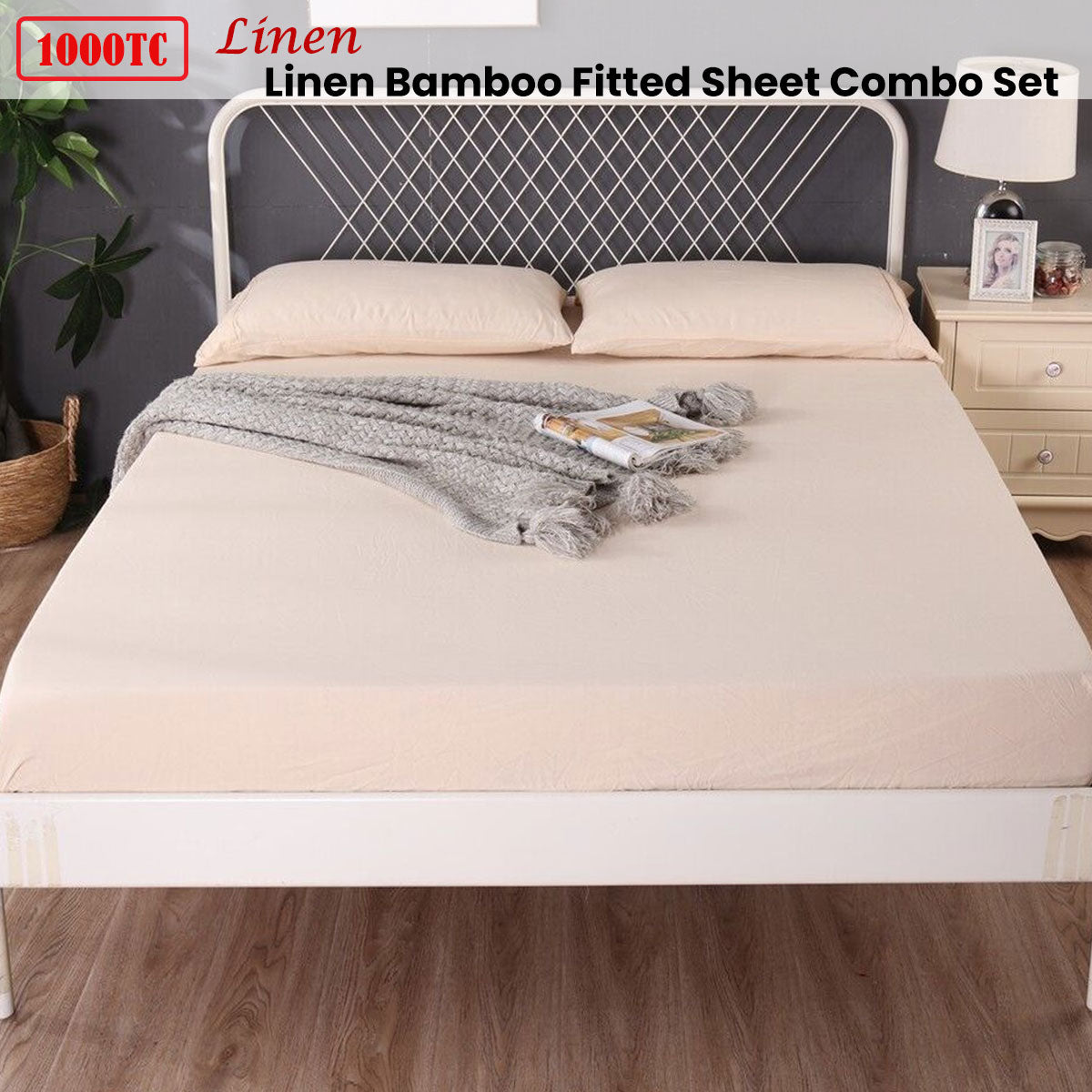 1000TC Linen Bamboo Fitted Sheet Combo Set Linen Queen