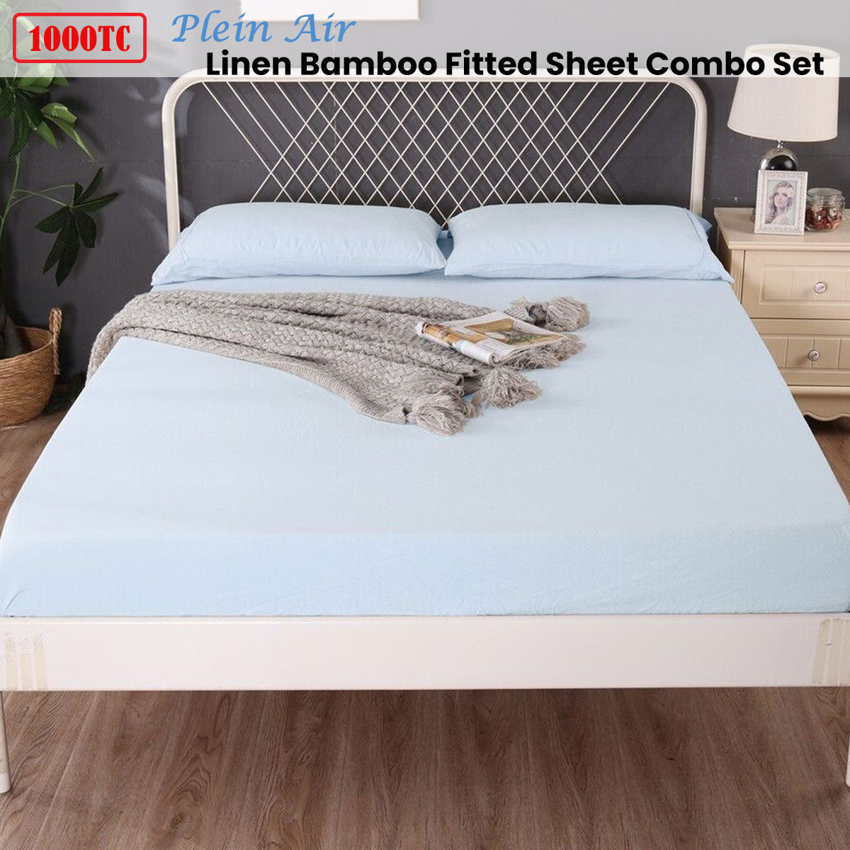 1000TC Linen Bamboo Fitted Sheet Combo Set Plein Air King Single