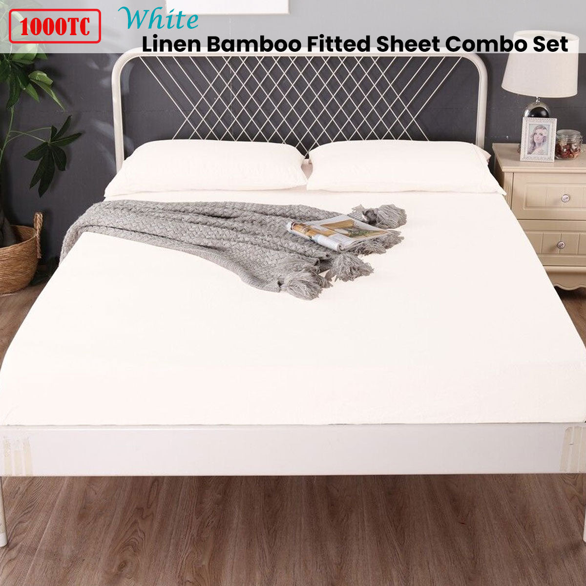 1000TC Linen Bamboo Fitted Sheet Combo Set White Single