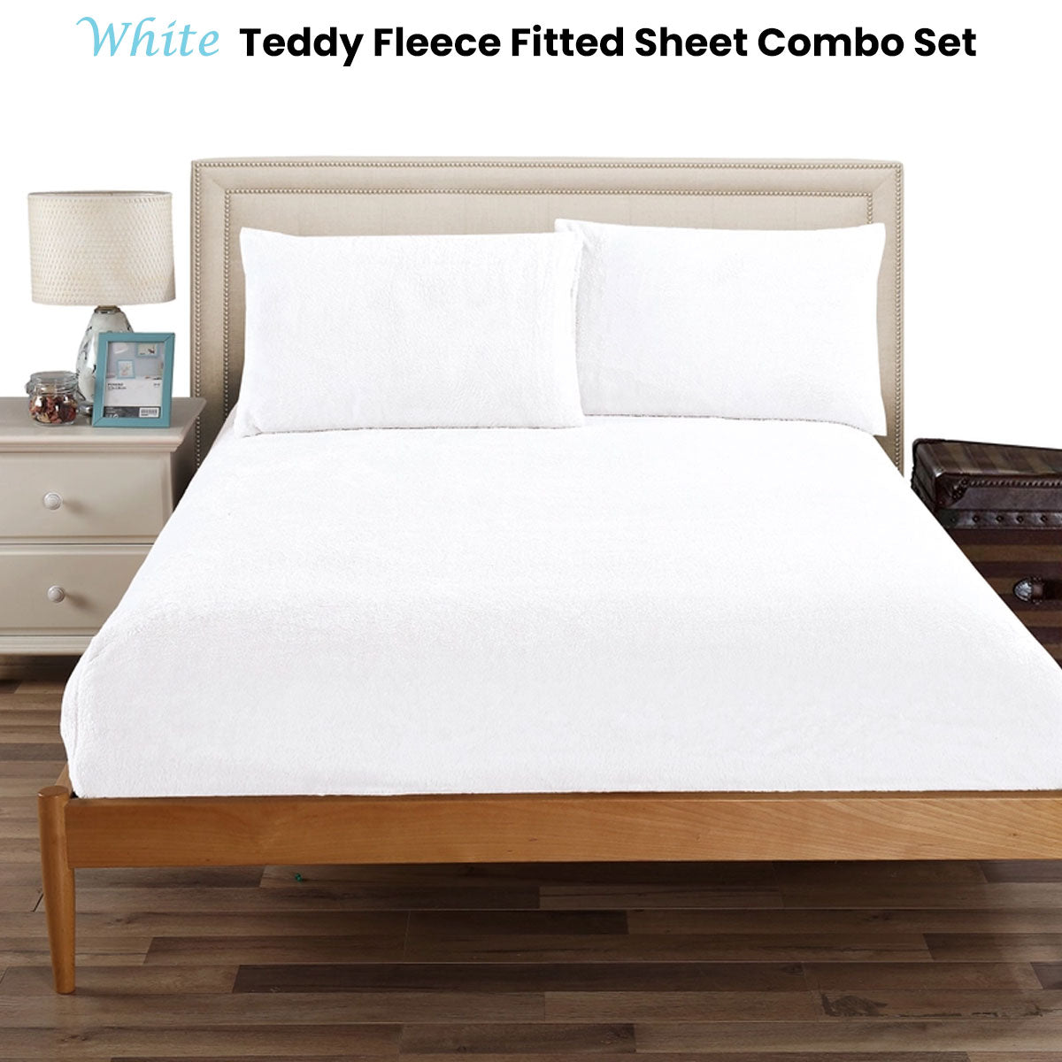 Teddy Fleece Fitted Sheet Combo Set White King Single