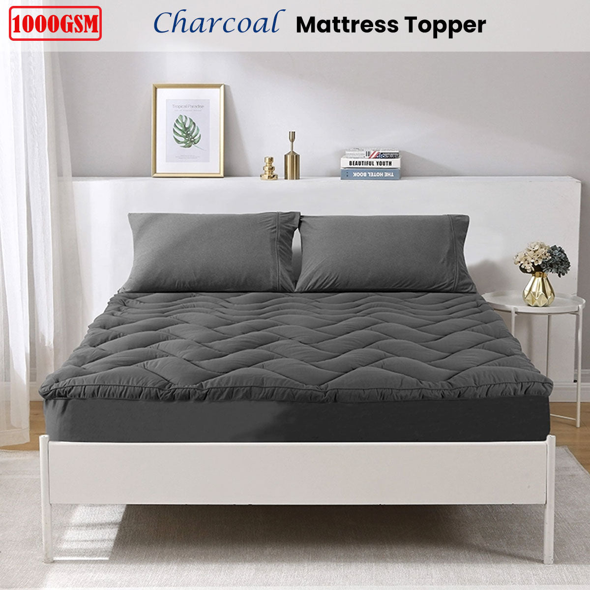 1000GSM Charcoal Mattress Topper Single