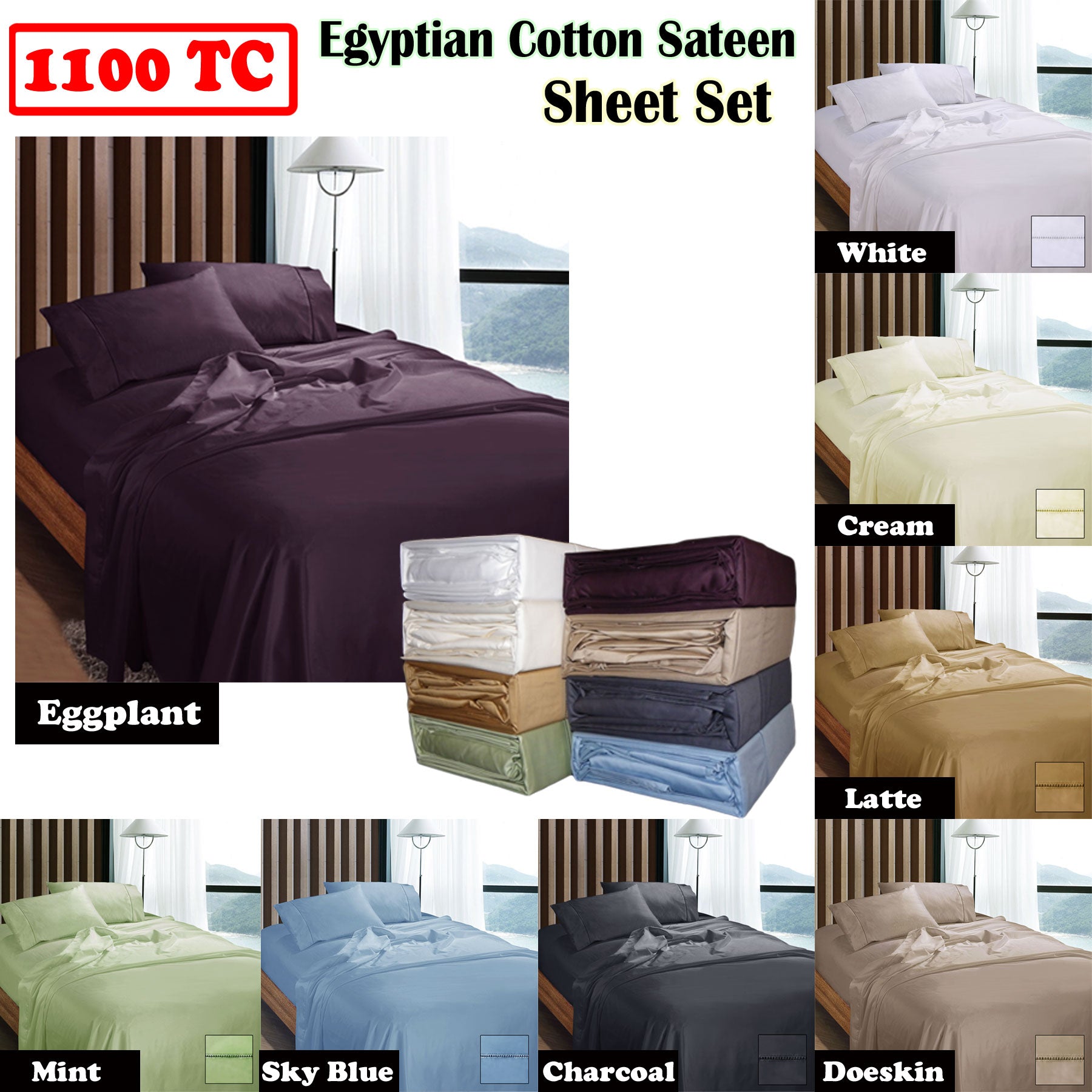 1100TC Egyptian Cotton Sateen Sheet Set Mint King