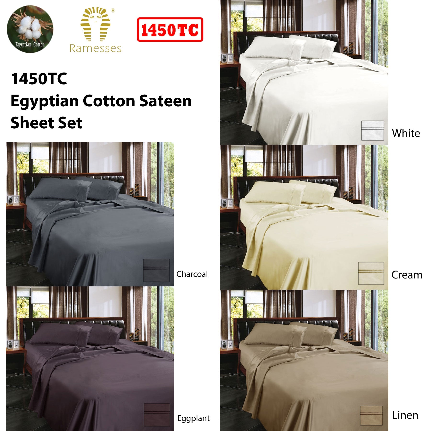 1450TC Egyptian Cotton Sateen Sheet Set White Queen