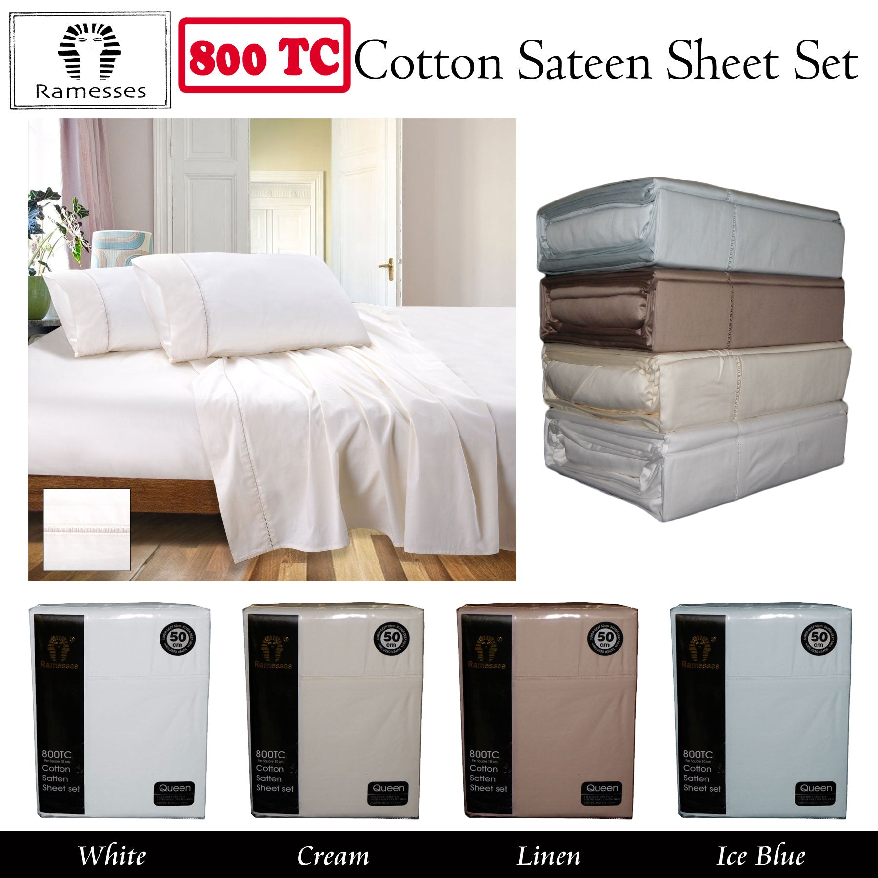 800TC Cotton Sateen Sheet Set Linen King