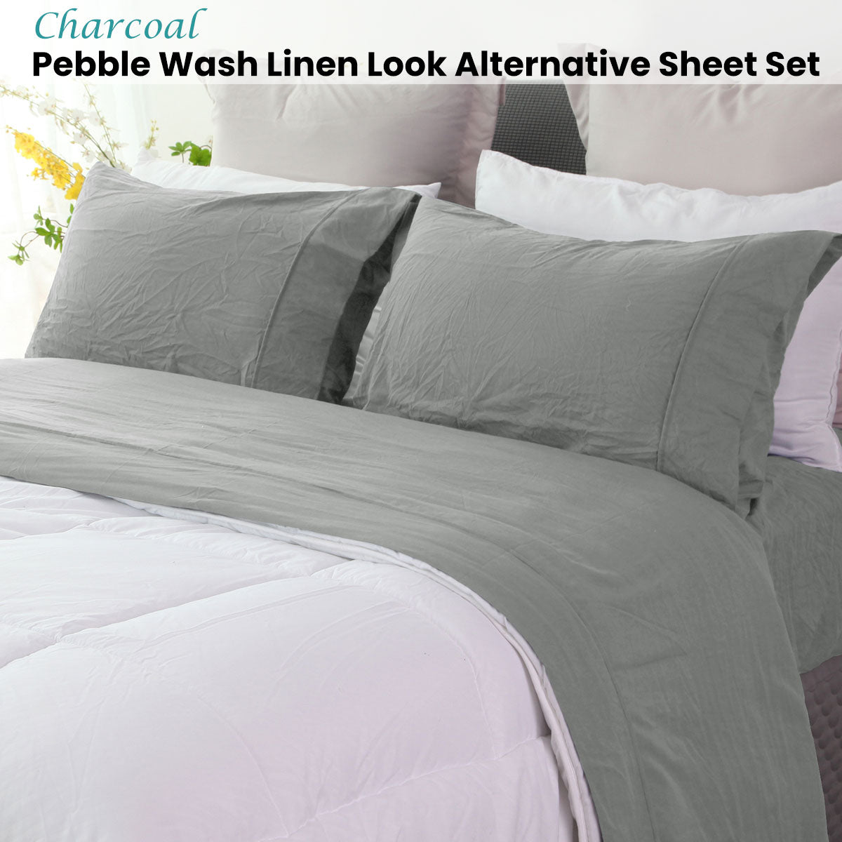 Charcoal Pebble Wash Linen Look Alternative Sheet Set Queen