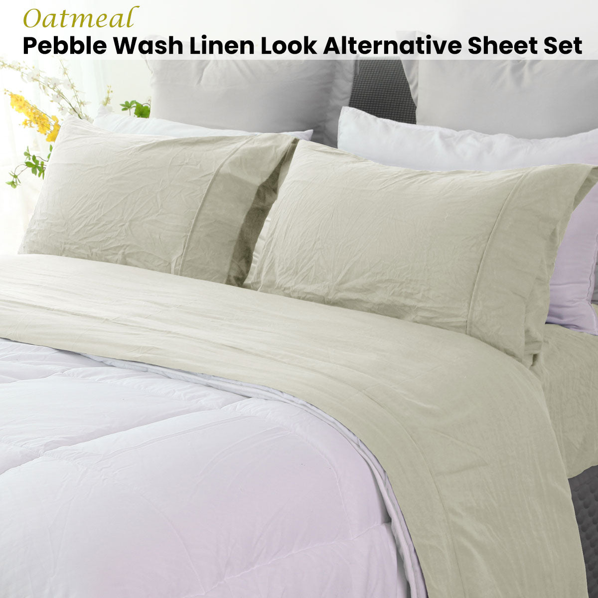 Oatmeal Pebble Wash Linen Look Alternative Sheet Set King Single