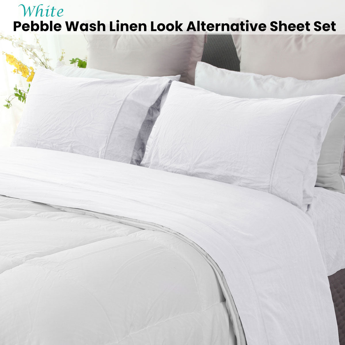 White Pebble Wash Linen Look Alternative Sheet Set King Single