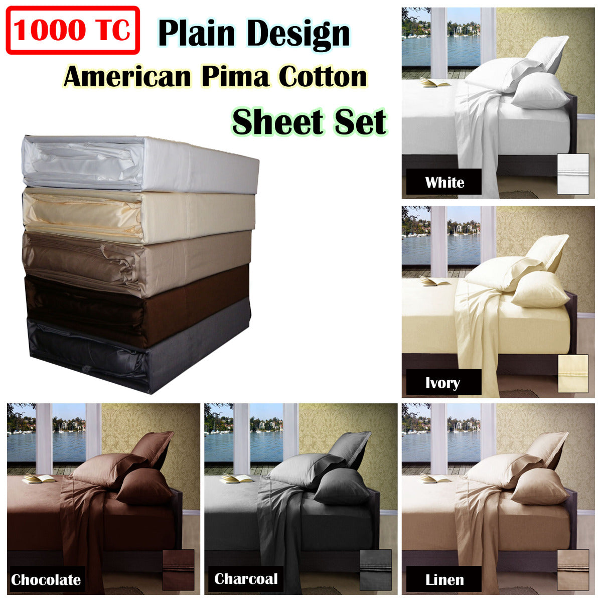 1000TC American Pima Cotton Plain Design Sheet Set Linen King