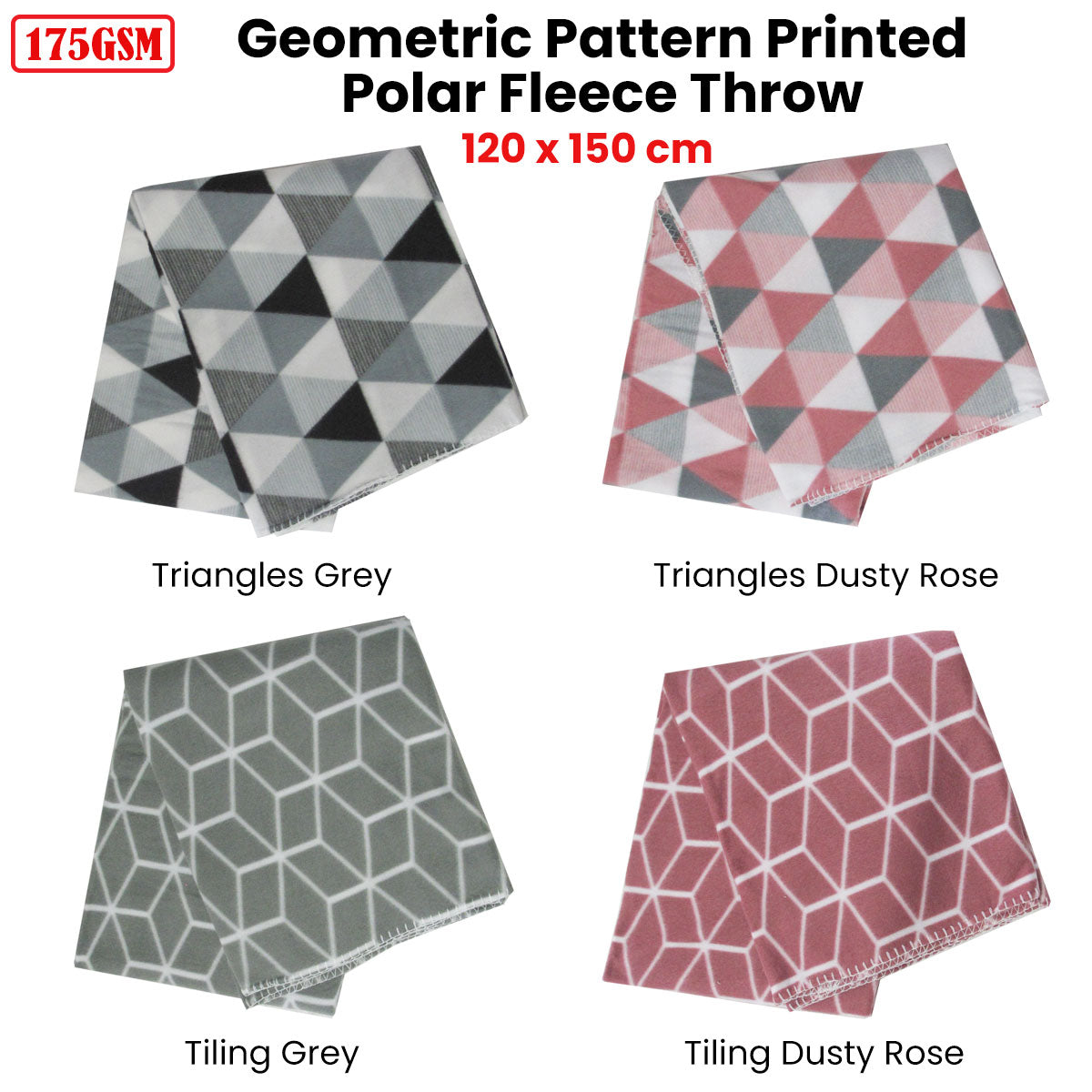 Tiling 175GSM Geometric Pattern Printed Polar Fleece Throw Rug 120 x 150cm Dusty Rose