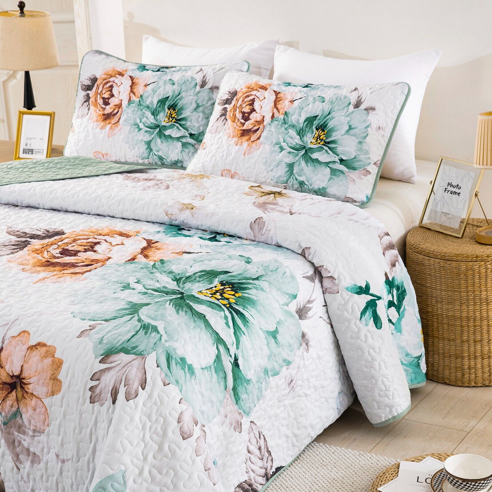 Rustic Farmhouse Chic floral Cozy 3 Pc Bedspread & Pillow Cover Set