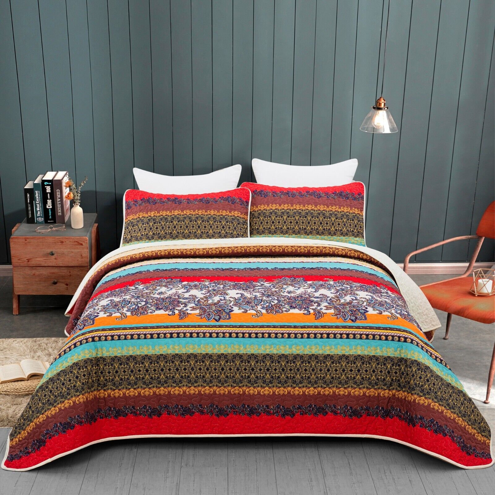 Rusty Boho floral Chic 3 Pc Bedspread & Pillow Cover Set